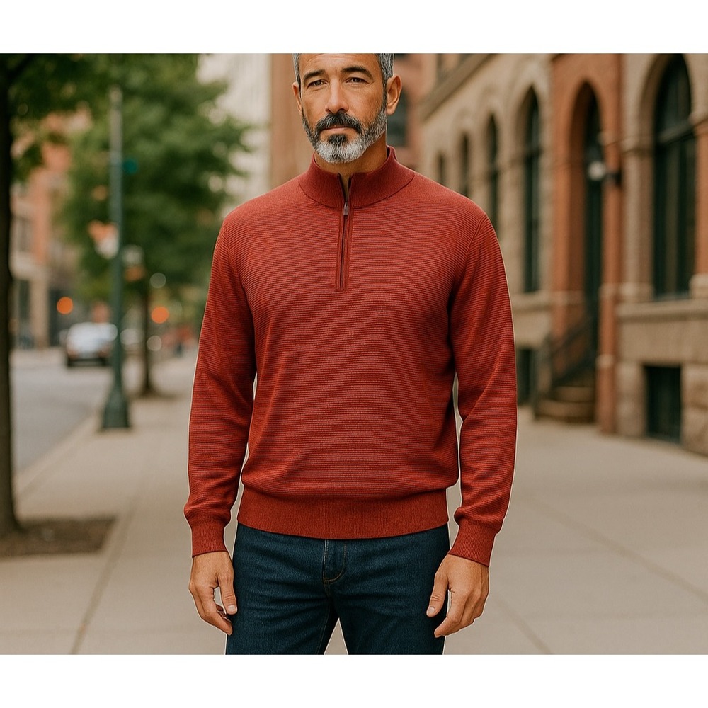 Vineyard Vines Thaxter Stripe Quarter-Zip Sweater Rust Red Size Large Mock Neck‎